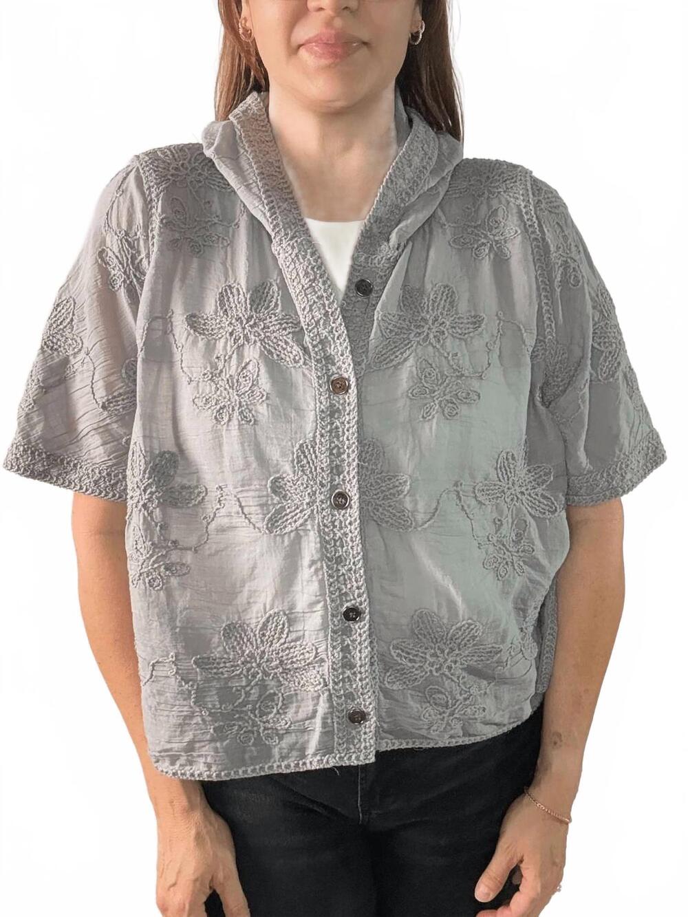 NEW POL wildflower hooded blouse in grey